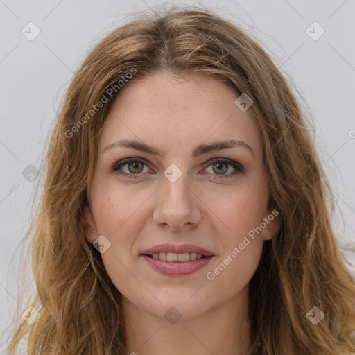 Joyful white young-adult female with long  brown hair and green eyes