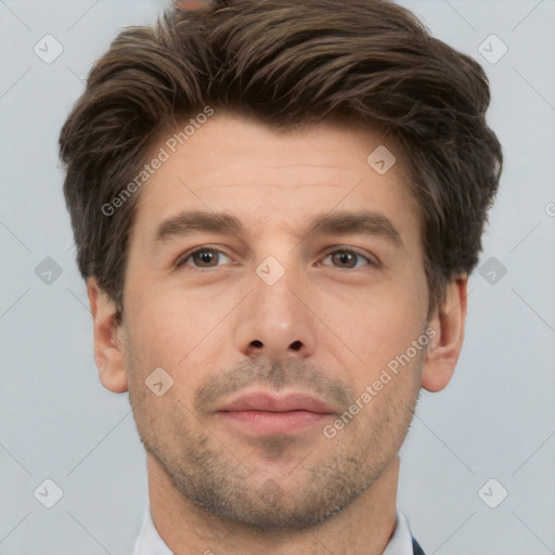 Neutral white young-adult male with short  brown hair and brown eyes