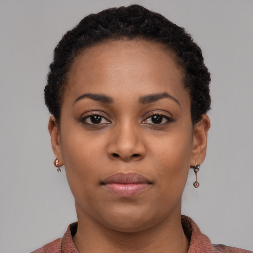 Neutral black young-adult female with short  black hair and brown eyes