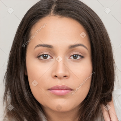 Neutral white young-adult female with long  brown hair and brown eyes