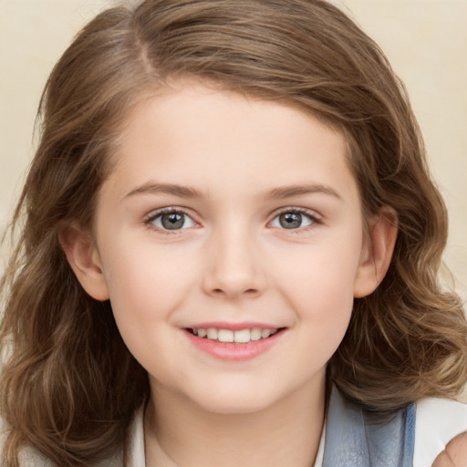 Joyful white child female with medium  brown hair and brown eyes