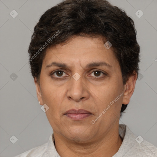 Neutral white adult female with short  brown hair and brown eyes