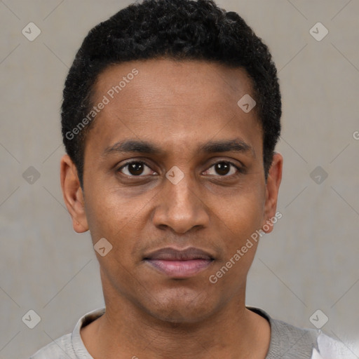 Joyful black young-adult male with short  black hair and brown eyes