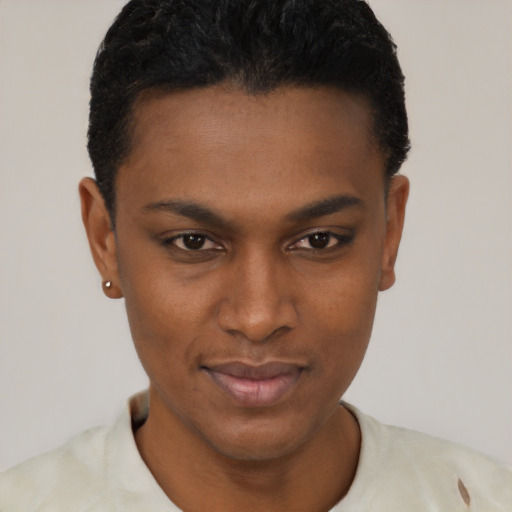 Joyful black young-adult female with short  black hair and brown eyes