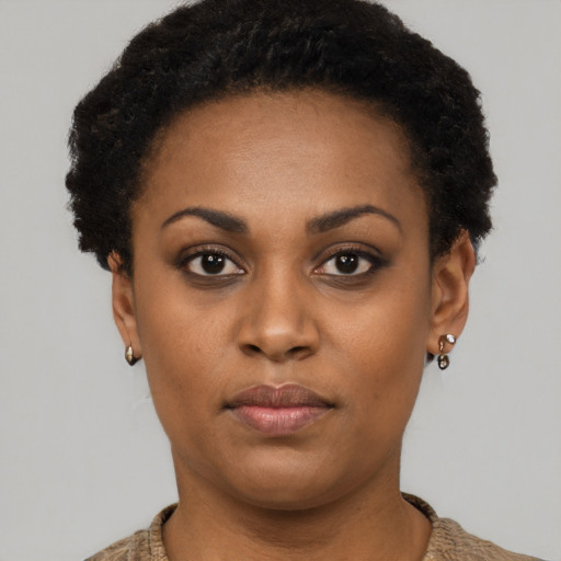 Neutral black young-adult female with short  black hair and brown eyes
