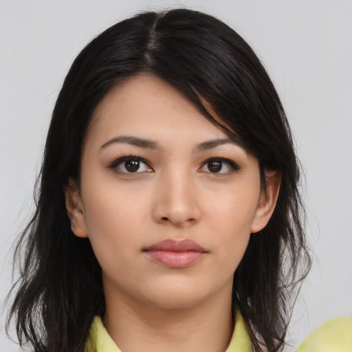 Neutral asian young-adult female with long  black hair and brown eyes