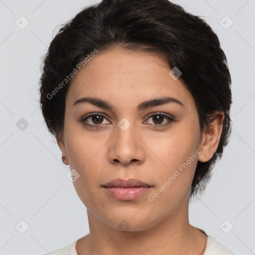 Neutral latino young-adult female with medium  brown hair and brown eyes