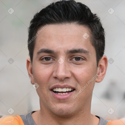 Joyful white young-adult male with short  black hair and brown eyes