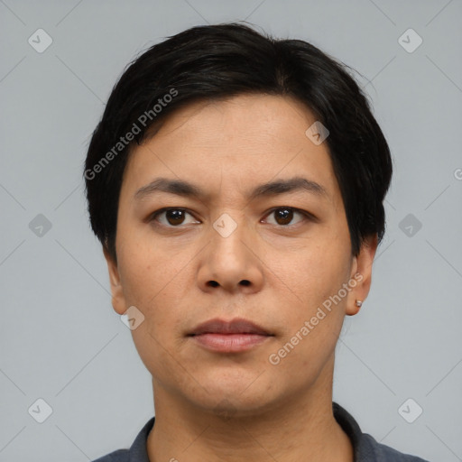 Neutral asian young-adult male with short  black hair and brown eyes