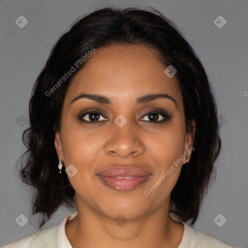 Joyful black young-adult female with medium  brown hair and brown eyes