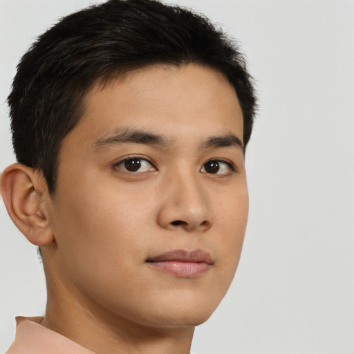 Neutral asian young-adult male with short  brown hair and brown eyes