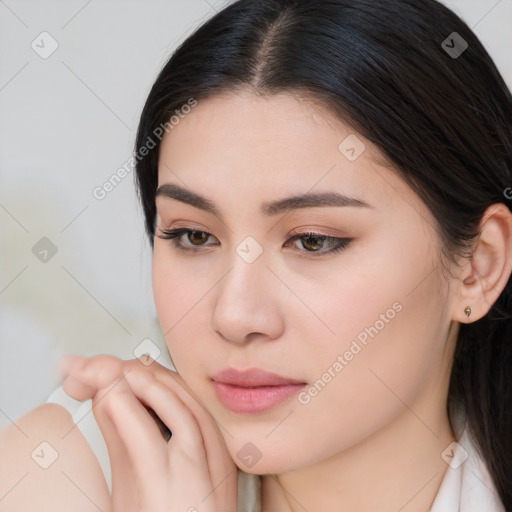 Neutral white young-adult female with medium  brown hair and brown eyes