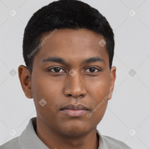 Neutral black young-adult male with short  brown hair and brown eyes