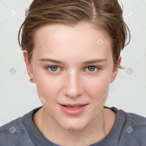 Joyful white young-adult female with medium  brown hair and blue eyes