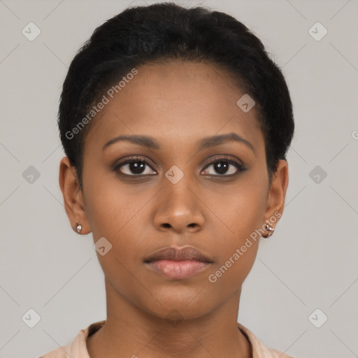 Neutral latino young-adult female with short  black hair and brown eyes