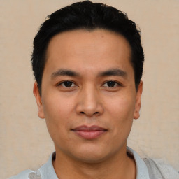 Neutral asian young-adult male with short  black hair and brown eyes