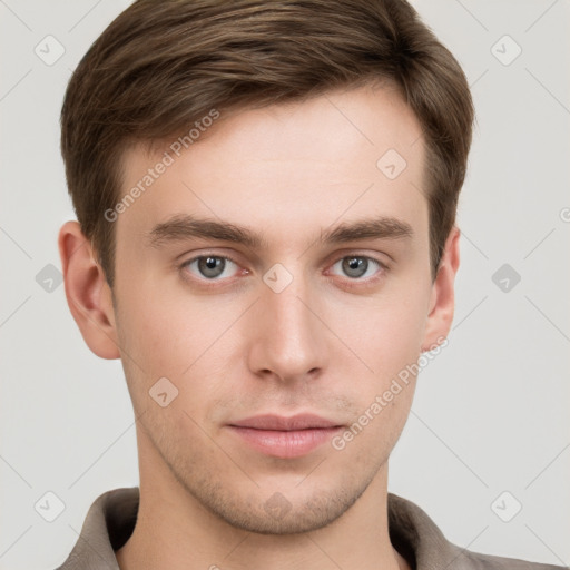 Neutral white young-adult male with short  brown hair and grey eyes