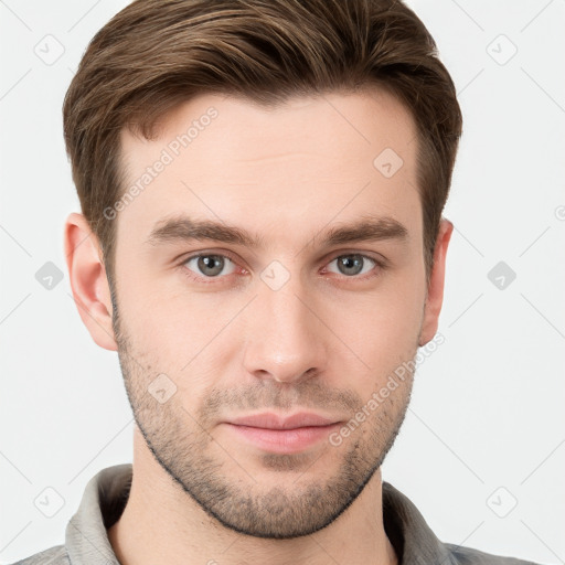 Neutral white young-adult male with short  brown hair and grey eyes