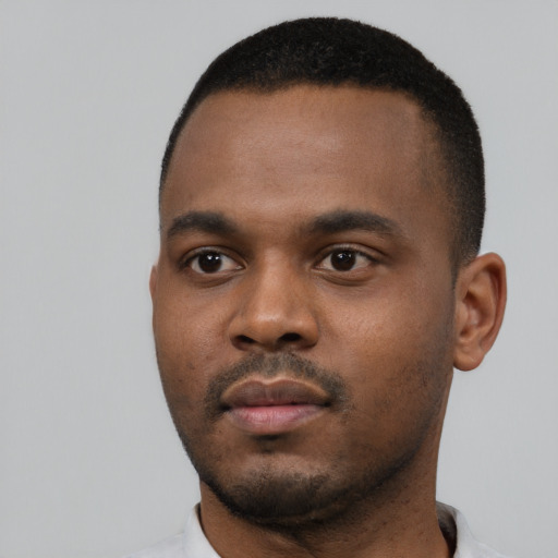 Neutral black young-adult male with short  black hair and brown eyes