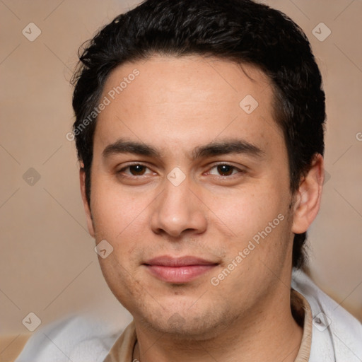 Joyful white young-adult male with short  black hair and brown eyes