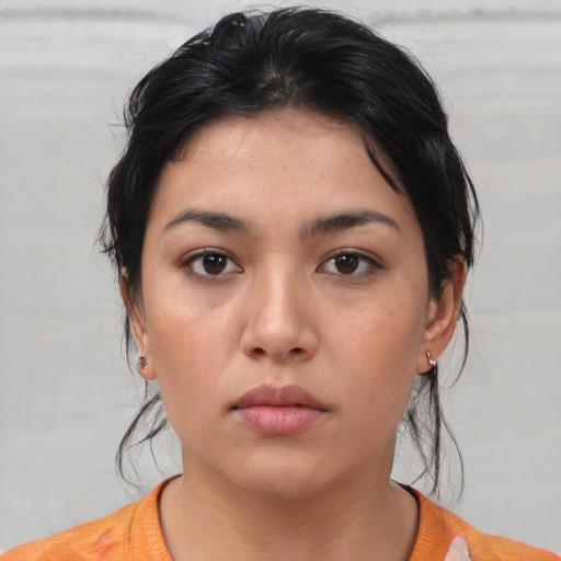 Neutral white young-adult female with medium  brown hair and brown eyes