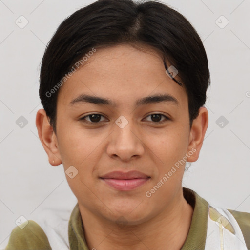 Joyful asian young-adult female with short  brown hair and brown eyes