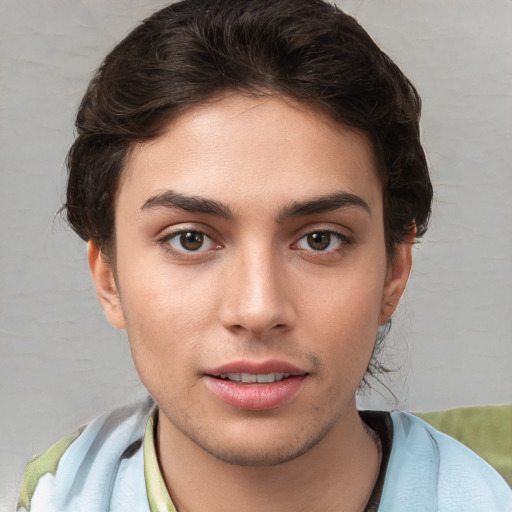 Neutral white young-adult female with short  brown hair and brown eyes