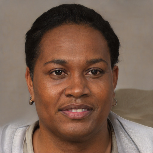 Joyful black adult female with short  brown hair and brown eyes