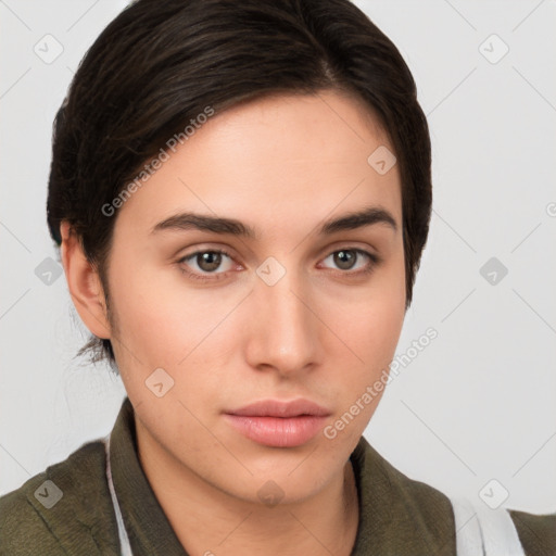 Neutral white young-adult female with medium  brown hair and brown eyes