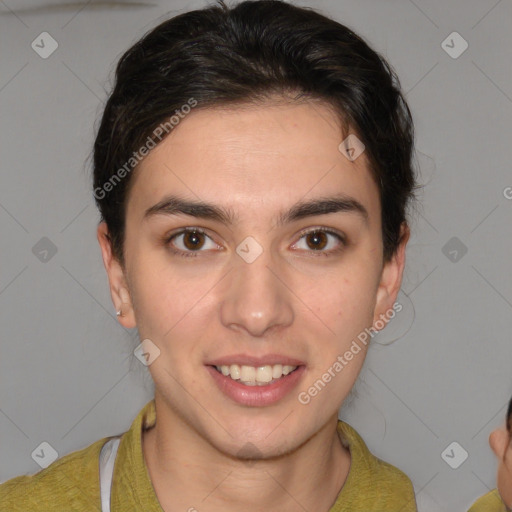 Joyful white young-adult female with medium  brown hair and brown eyes