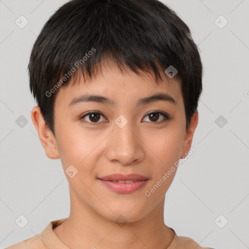 Joyful asian young-adult female with short  brown hair and brown eyes