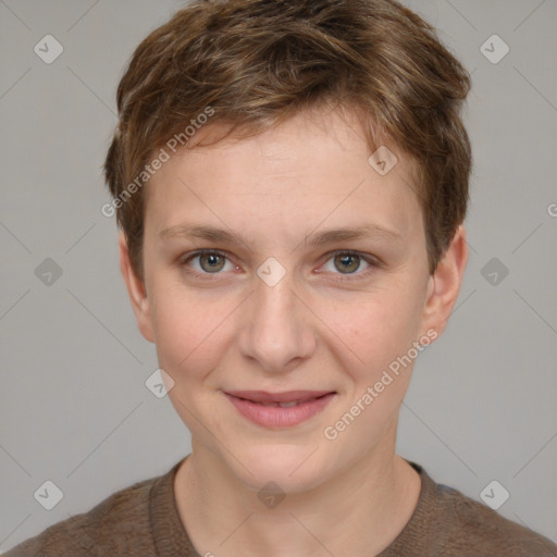 Joyful white young-adult female with short  brown hair and grey eyes