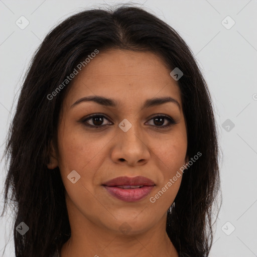 Joyful latino young-adult female with long  brown hair and brown eyes