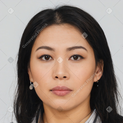 Neutral asian young-adult female with long  black hair and brown eyes