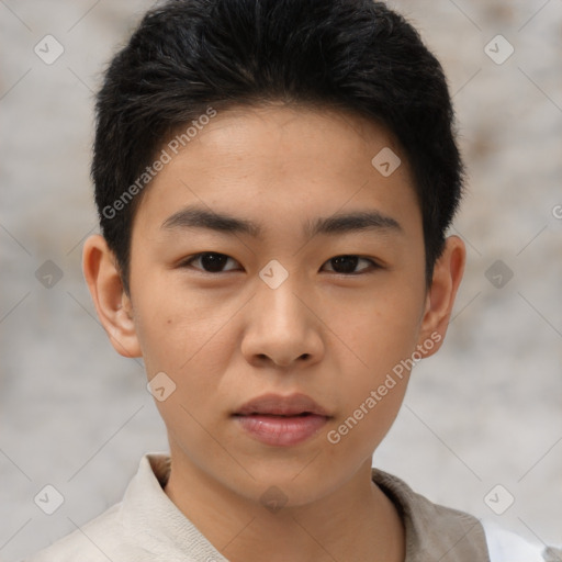 Neutral asian young-adult male with short  brown hair and brown eyes