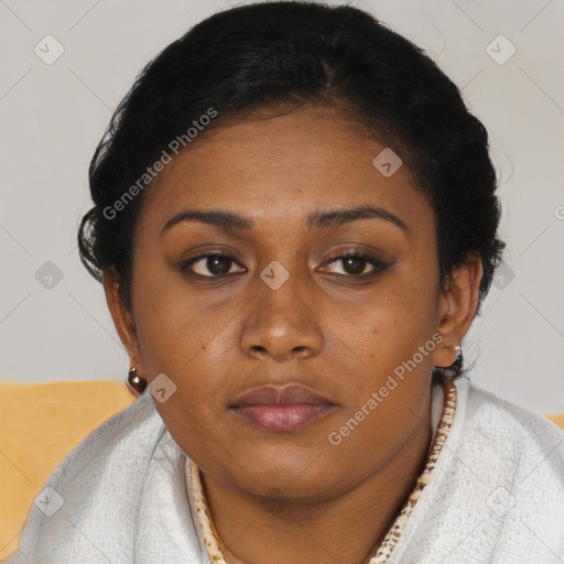 Neutral black young-adult female with short  brown hair and brown eyes