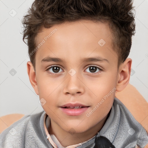 Joyful white child male with short  brown hair and brown eyes