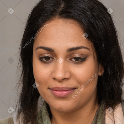 Joyful latino young-adult female with medium  brown hair and brown eyes