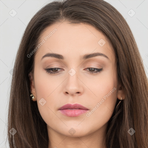 Neutral white young-adult female with long  brown hair and brown eyes