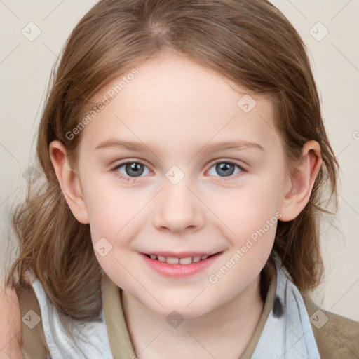 Joyful white child female with medium  brown hair and blue eyes