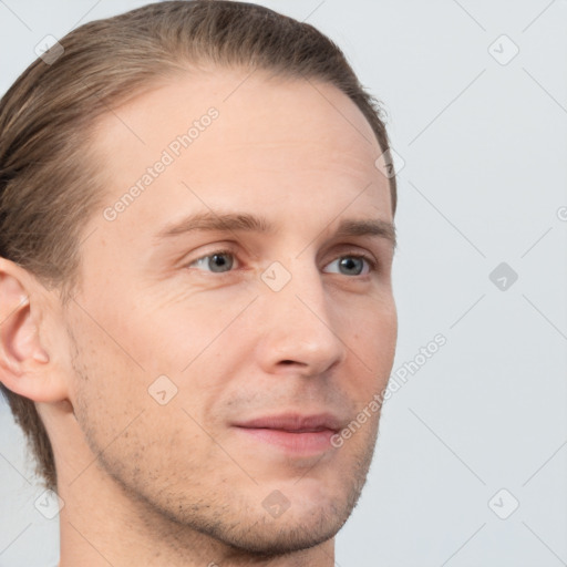 Neutral white young-adult male with short  brown hair and grey eyes