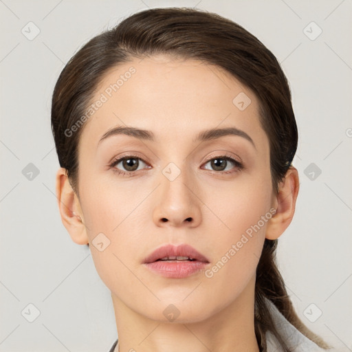 Neutral white young-adult female with short  brown hair and brown eyes