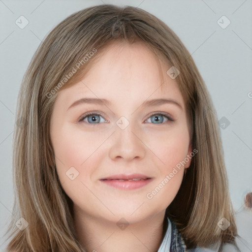 Neutral white young-adult female with medium  brown hair and grey eyes