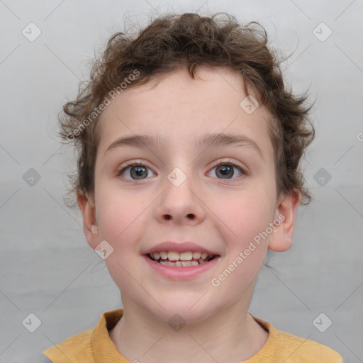 Joyful white child female with short  brown hair and brown eyes