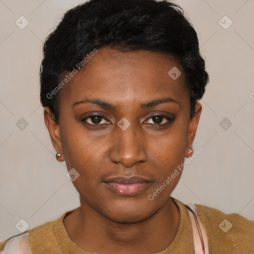 Neutral black young-adult female with short  black hair and brown eyes
