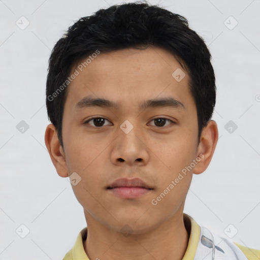 Neutral asian young-adult male with short  brown hair and brown eyes