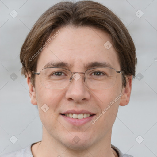 Joyful white adult male with short  brown hair and grey eyes