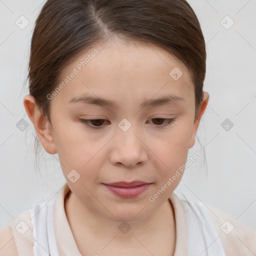 Joyful white child female with medium  brown hair and brown eyes