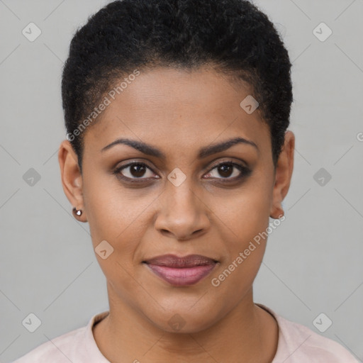 Joyful black young-adult female with short  brown hair and brown eyes