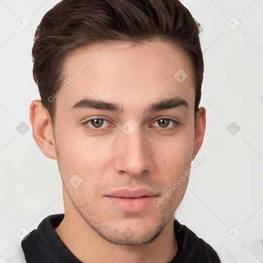 Neutral white young-adult male with short  brown hair and brown eyes